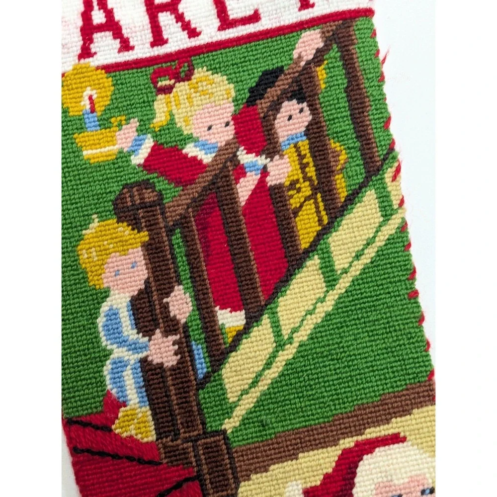 Vintage Needlepoint Stocking Santa Train Kids Stairs Quality Handmade w/Name